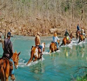 Six horses and riders in single file line riding through belly deep blue/green river.