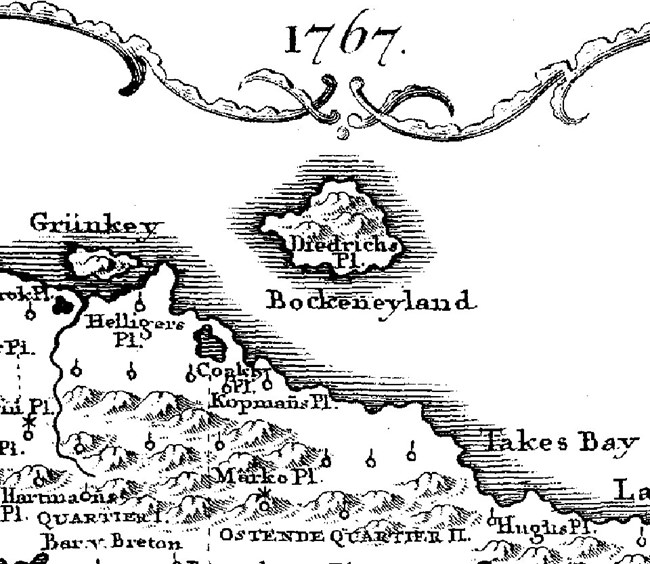close-up of historic map of Buck Island, with name "Bocken eyland."