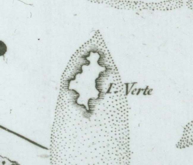 close-up of historical map showing name of Buck Island as Green Island