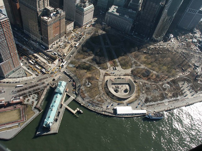 Aerial view of Battery Park in lower Manhattan, including Castle Clinton.
