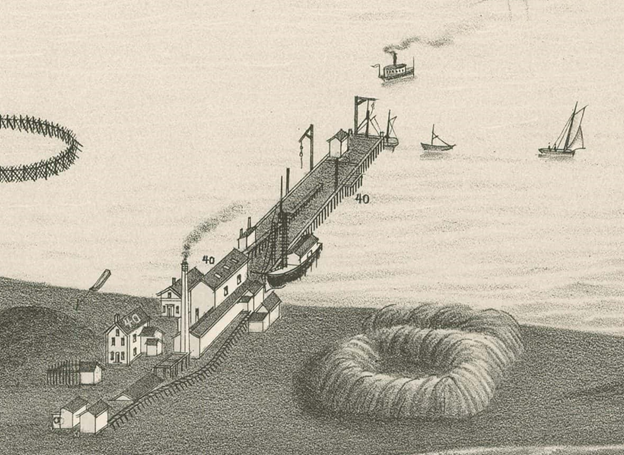 Aerial view black and white drawing of the oil factory and wharf with the Whittaker