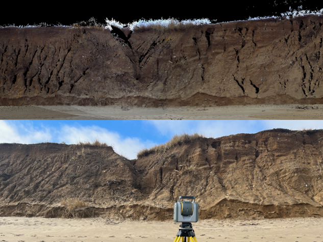 A split screen image showing the LiDAR device on the bottom scanning the bluff, with the bluff imagery on the top.