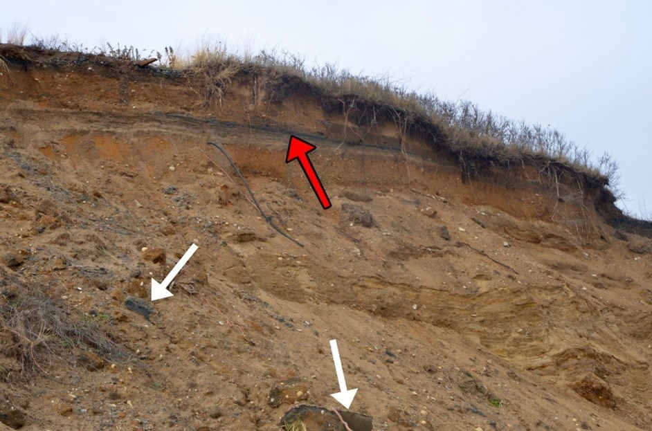 Bluffs with remains of parking lot indicated by arrows