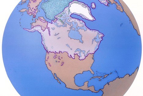 Map of North America showing the extent of the Laurentide Ice Sheet outlined in purple.
