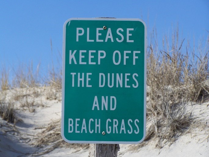 A green sign in front of sand dunes that reads "please keep off the dunes and beach grass".