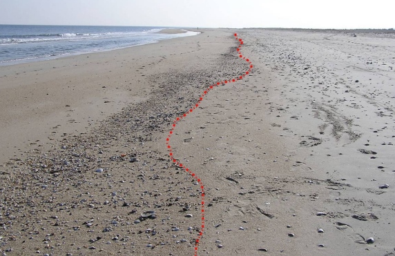 Beach with the swashline indicated by a dotted red line.