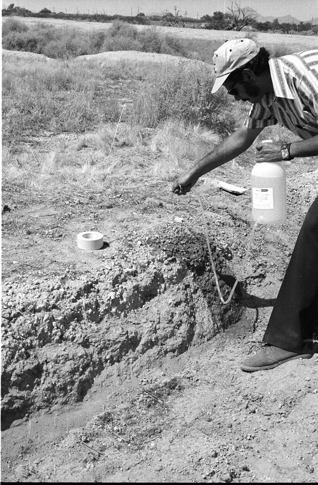 Black and white photograph from 1973 showing a man applying chemicals to the ruins using a spray tube