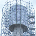 The Bodie Island Lighthouse is surrounded by scaffolding during renovations.