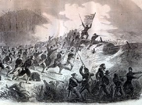 Union forces charge the Roanoke Island earthworks