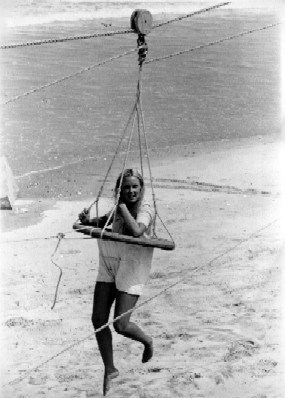 Women in breeches buoy during reenactment