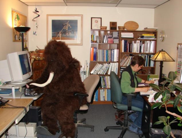 office scene with person in mammoth costume sitting at a computer