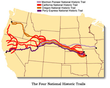 Image map of the California, Oregon, Mormon Pioneer, & Pony Express national historic trails. Image map of the California, Oregon, Mormon Pioneer, & Pony Express national historic trails.