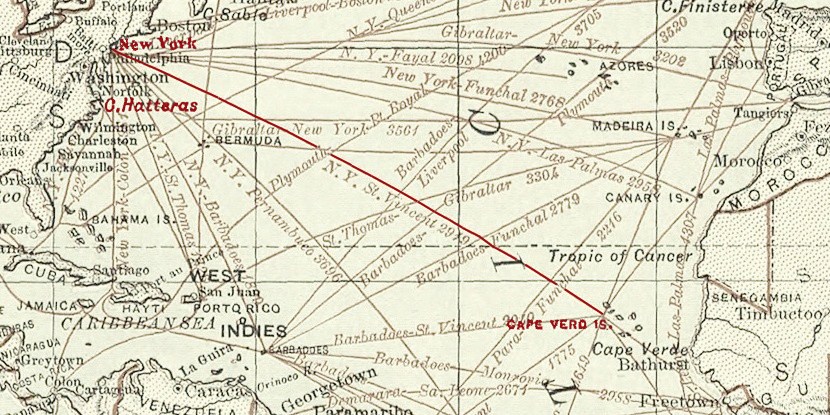 Steamship Routes Circa 1900, Cape Verde Island to New York highlighted