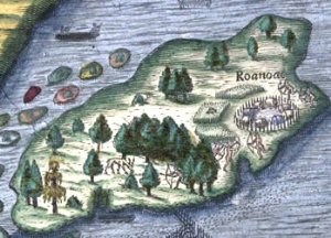 section from 1590 map by Thomas Hariot_Roanoke Island