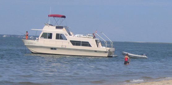 A houseboat sits just off the shore