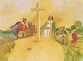 Artist water color depicting Reverend Hunt leading men in prayer before a wooden cross on the sands of Cape Henry