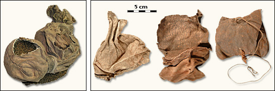 The Great Gallery bag shortly after recovery (left) and the leather pouches within the upper part of the bag (right).