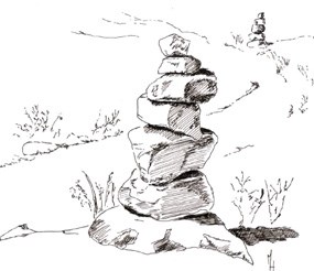 Artists image of a rock cairn. You will find many hiking trails marked with rock cairns.  Locating cairns may be difficult at first; look for rock piles or stacks.  PLEASE DO NOT BUILD NEW CAIRNS!