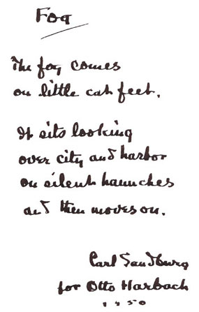 Fog written in Sandburg's handwriting.