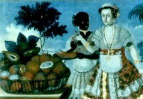 A slave and her mistress purchase fruit, from a period colonial painting.