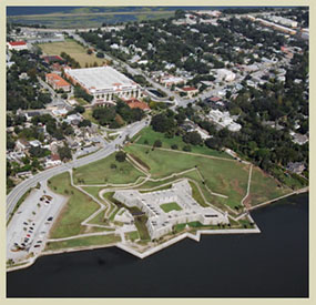 Aerial viw of the Castillo de San Marcos and downtown St Augustine.