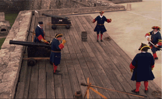 Spanish soldados execute a rigidly defined cannon firing.