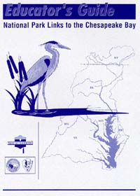 Cover of the Educators Guide, pictures a great blue heron and the Chesapeake Bay watershed.