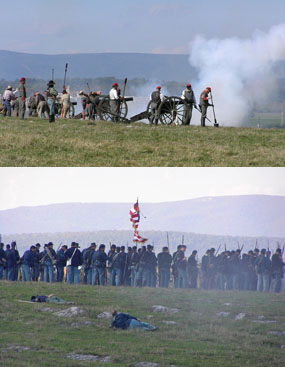 Images of reenactors portraying Confederate artillery and Union infantry troops. Images of reenactors portraying Confederate artillery and Union infantry troops.