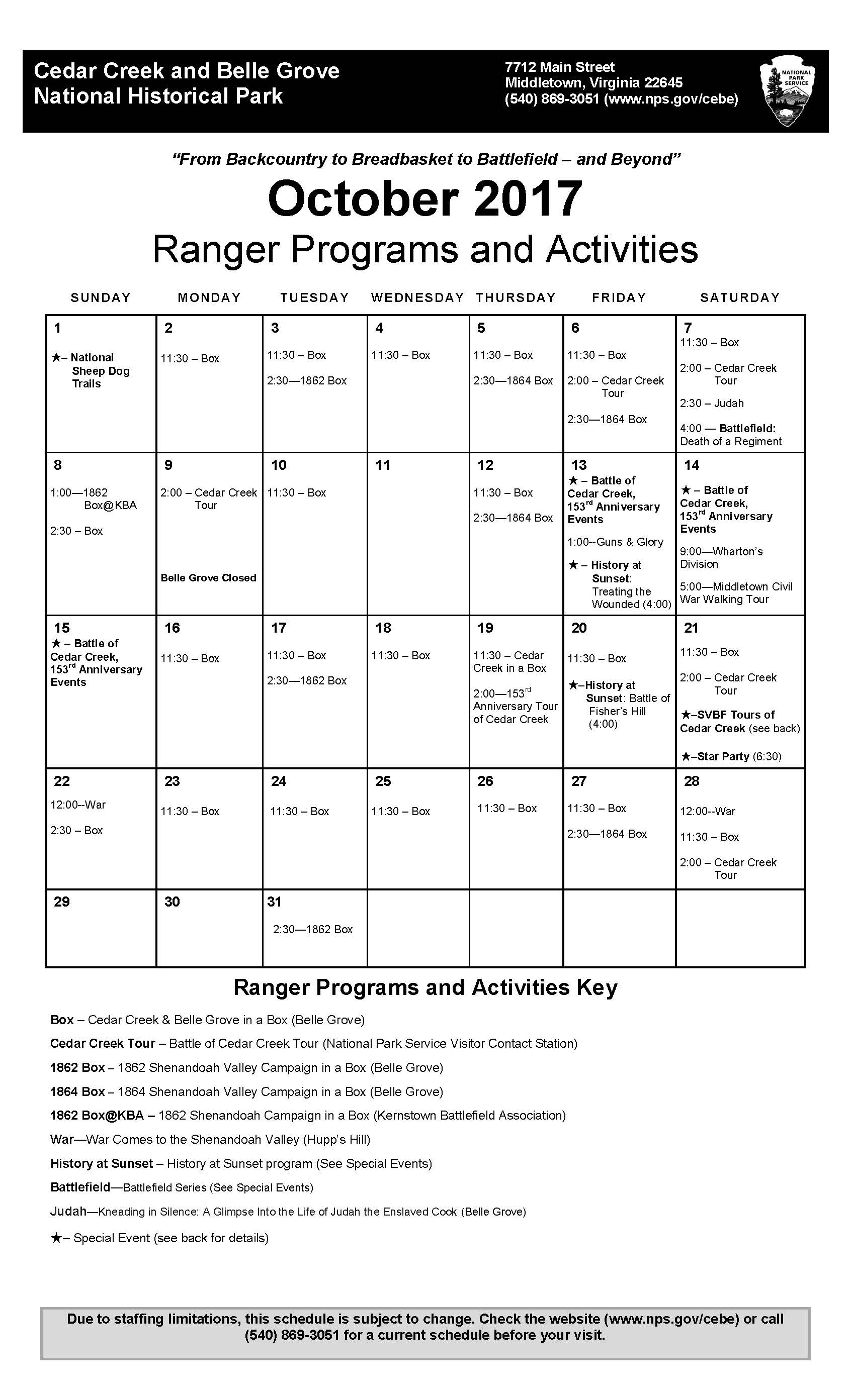 Calendar Cedar Creek & Belle Grove National Historical Park (U.S