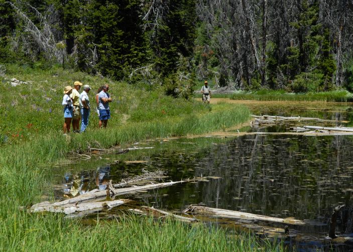 Hikers Pause to Admire Alpine Pond