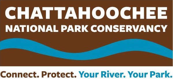 Brown background with blue river and the words Connect. People. Your Park. "Chattahoochee National Park Conservancy" and below the words "Connect. Protect. Your River. Your Park."