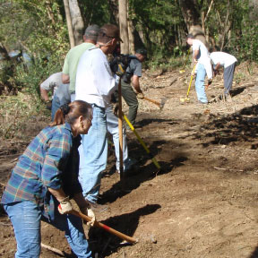 Volunteers working on trail in park.