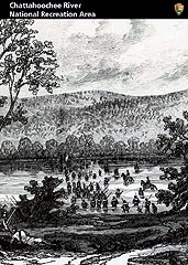Historical black and white photograph of troops fording the Chattahoochee at Roswell.