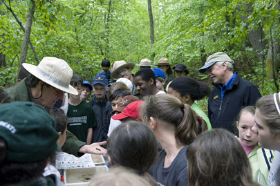 Director Jarvis and students from Westminster School learn about stream macroinverabrates.
