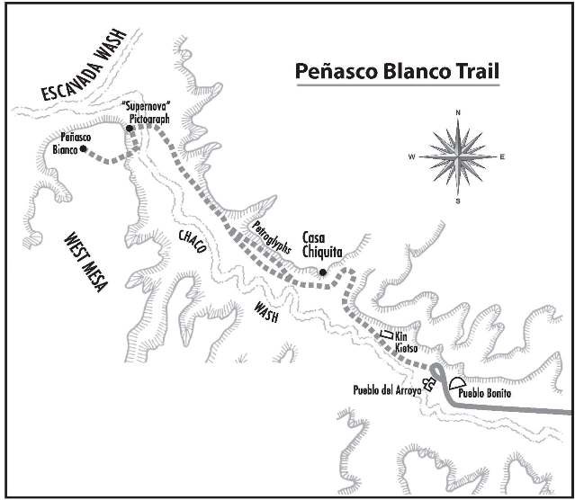 A black and white map of a trail named Peñasco Blanco. The hiking trail is a dashed line and the solid line represents the road. Various features and site locations are printed on the map.
