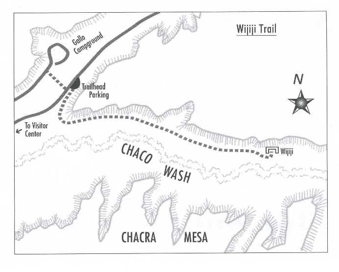 A black and white map of the trail out to a great house named "Wijiji." Roads are marked in a dark solid line, with the trail as a dashed line. A few features and locations are typed on the map.