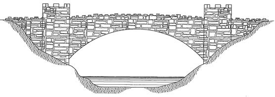 Drawing of the single-arch masonry bridge with four cylindrical, crenelated towers.