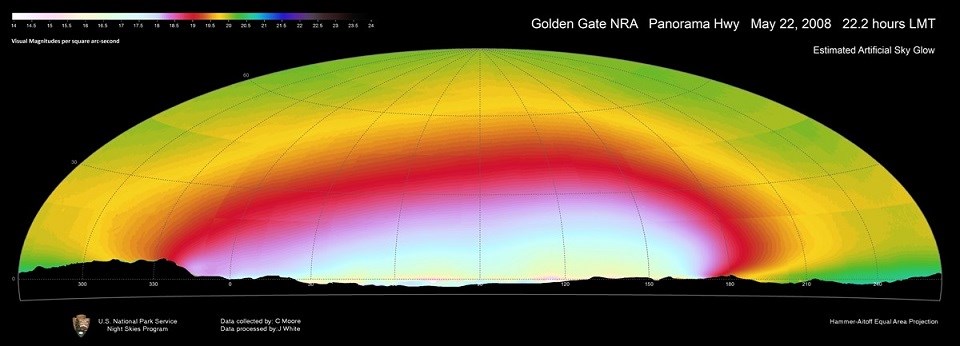 Special night sky imaging that shows lots of light pollution over Golden Gate NRA.