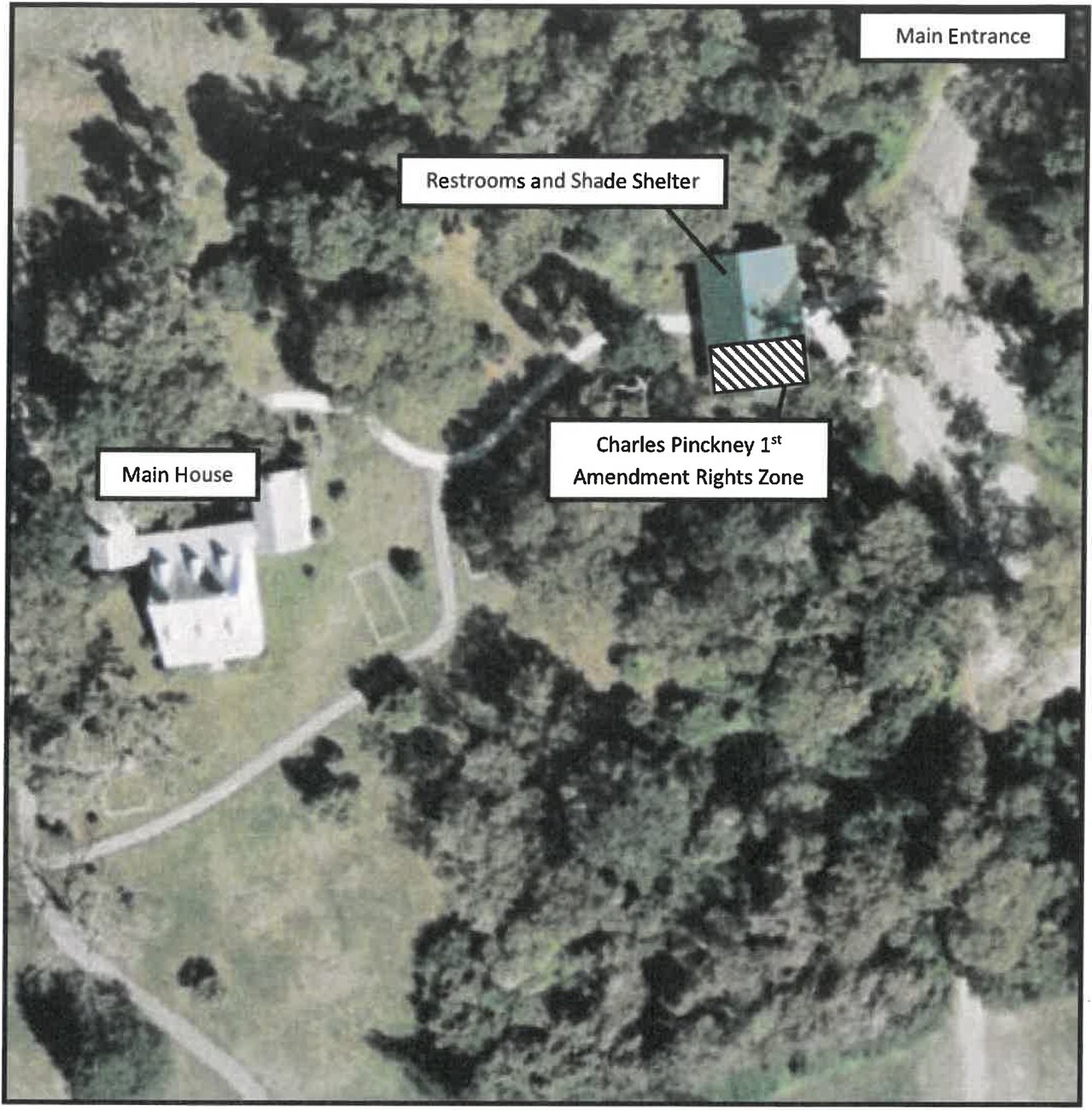 Aerial Map showing of Charles Pinckney NHS First Amendment Rights area which is near the restrooms and shade shelter