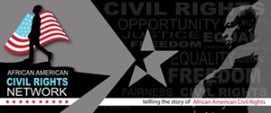 Logo featuring a civil rights marcher and a side view of Martin Luther King superimposed over words related to the civil rights struggle.