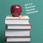 Textbooks and apple stacked in front of a chalkboard with