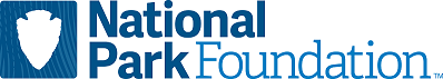 National Park Foundation logo with its name to the right and a wood grain-like square featuring a cutout arrowhead in the center.