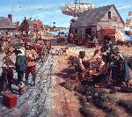 Busy Jamestown street scene, c. 1650