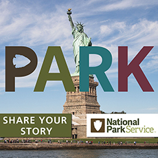 Statue of Liberty photo with Share Your Story button and National Park Service logo