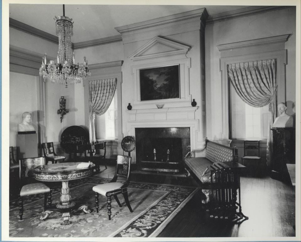 Black and white photo of supports and plaster removed as the drawing room gets restored