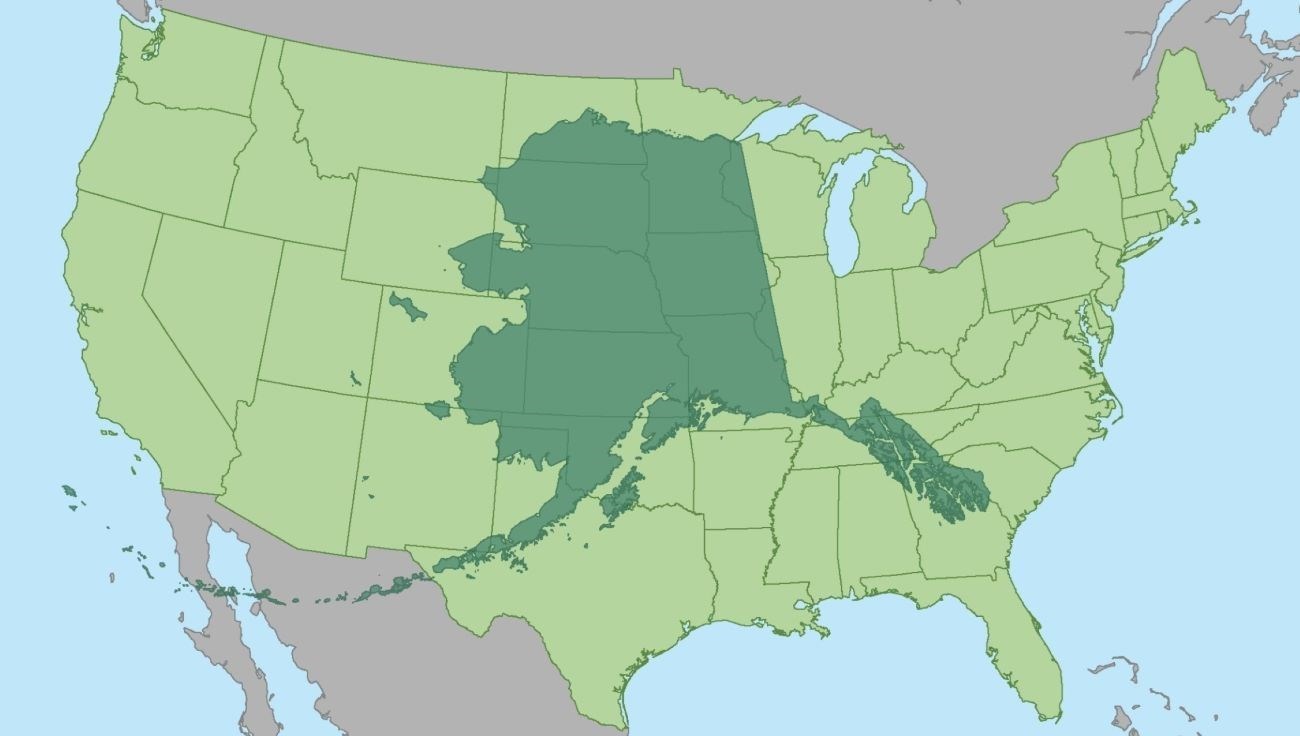 Map of Alaska superimposed over the contiguous United States.