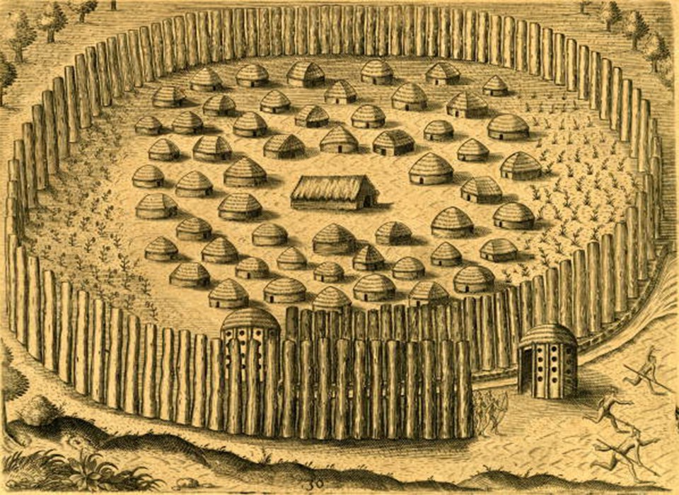engraving shows town surrounded by poles forming a wall