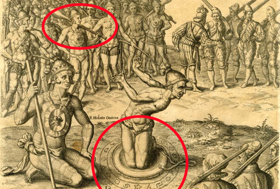engraving with french and Timucua people 2 men in central focus