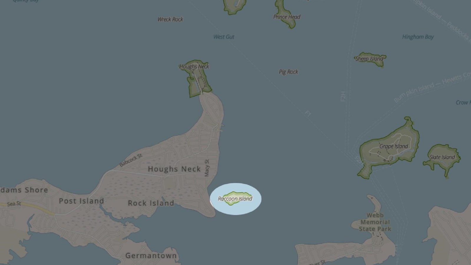map of boston harbor near Houghs Neck. Off the coast is Raccoon Island, which is highlighted.