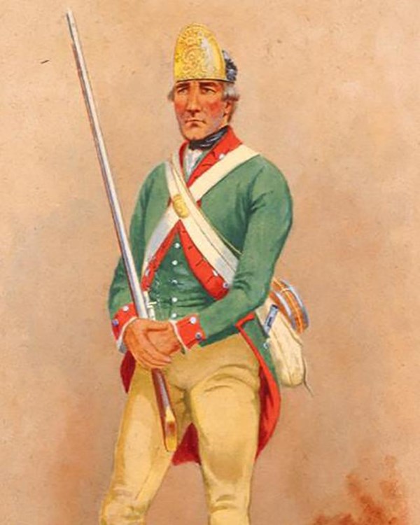 A man in an 18th C-style military uniform